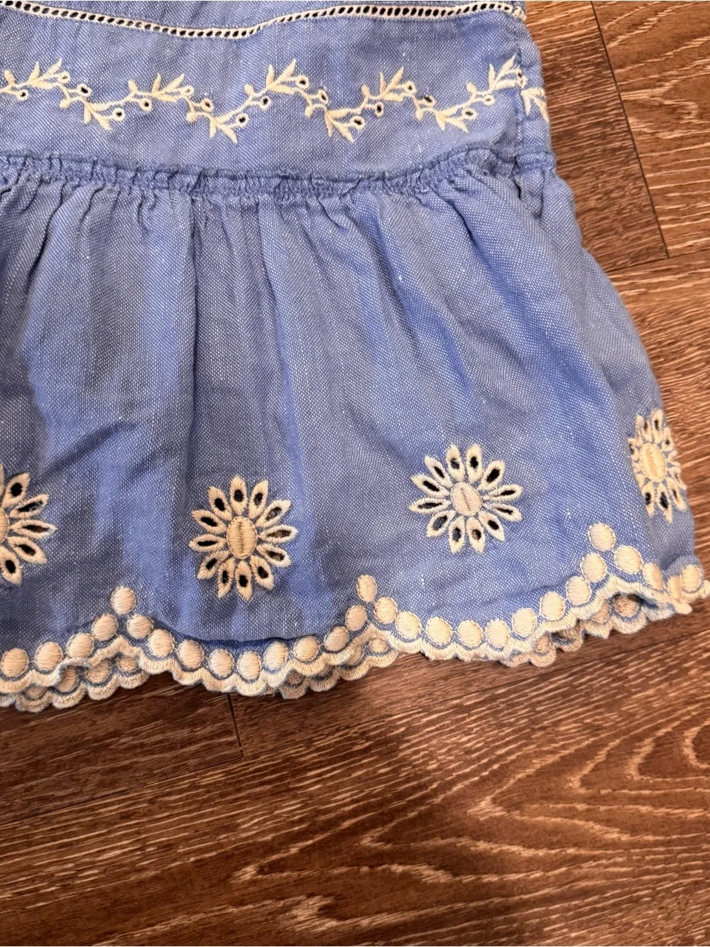 LoveShackFancy Light Blue Embroidered Ruffle Mini Skirt